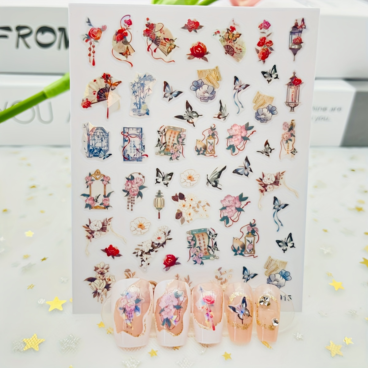 

Chinese-inspired Floral & Butterfly Fan Aurora Nail Art Stickers - Sparkling, Self-adhesive Decals For Diy Manicure