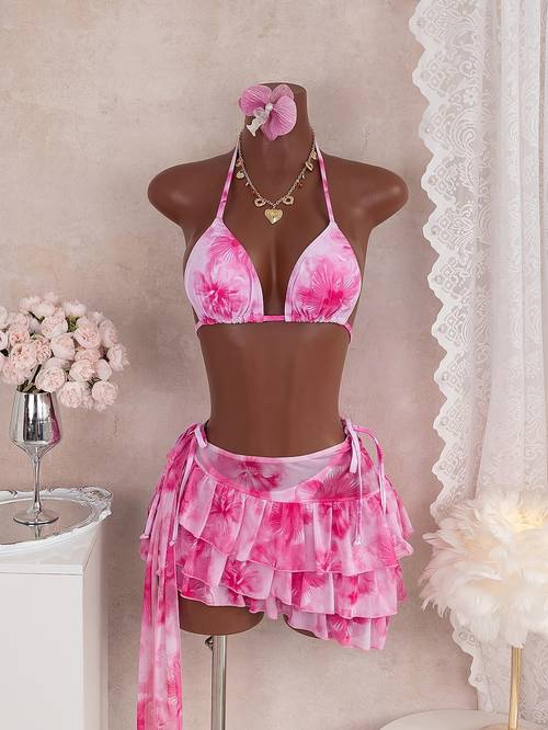 beach vacation lace up swimsuit 3pcs set with chiffon skirt