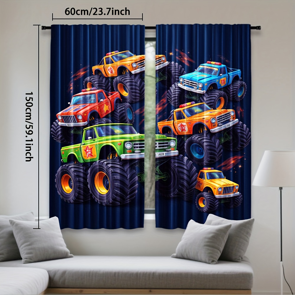 TEMU Set Of 2, Curtains Featuring A Graphic Print Of Monster Trucks, Made From Polyester With A Rod . Light To Filter Through, Making Them Suitable
