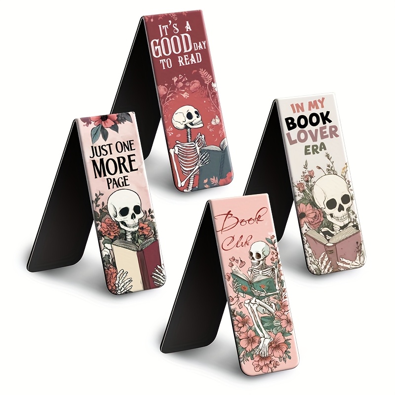 

4-pack Floral & Skeleton Design Magnetic Bookmarks, Cardboard Book Marker Clips With Inspirational Quotes, Perfect Gift For And Librarians