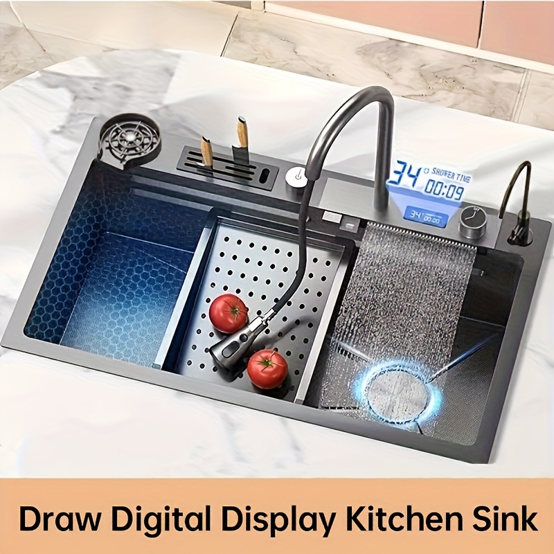 

Kitchen Sink/ Black Stainless Steel Waterfall Kitchen Sink/ With Led Digital Display, Faucet, Cup Wash/ Nano Crafted Design Smart Single Bowl Kitchen Sink