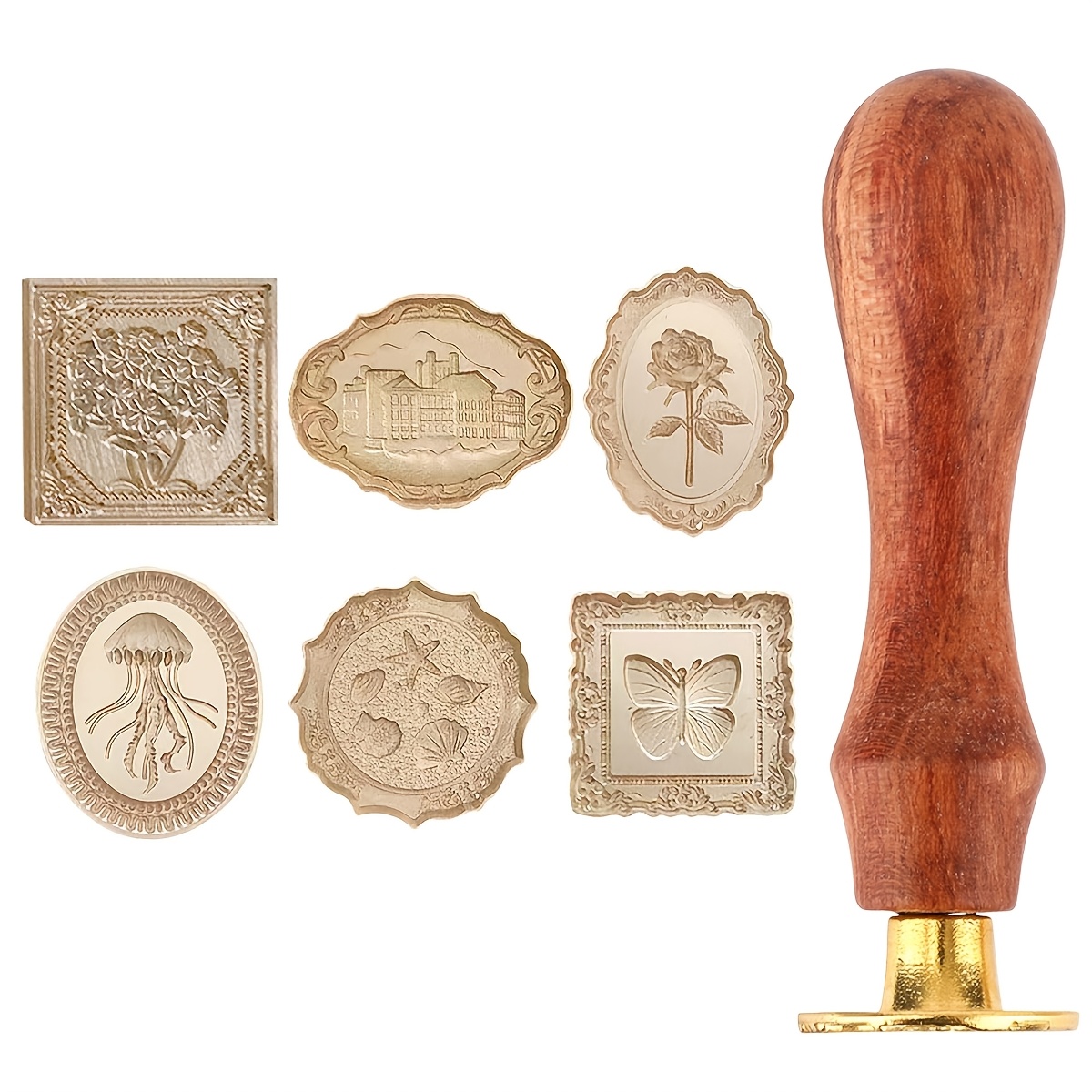 6pcs Vintage Wax Seal Stamp Kit + 1 Wooden Handle, Wax Seal Heads And Wooden Handle, Rose Flower Wax Seal Stamp, Suitable For Wedding Birthday Party Envelope Invitation Gift Wrapping Decoration