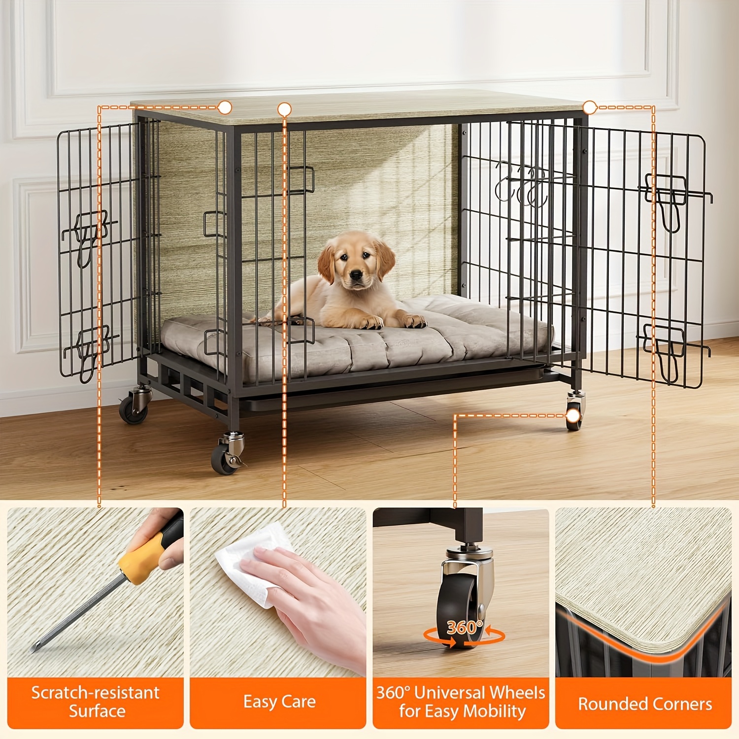 modern 27in double door dog crate furniture removable tray Temu
