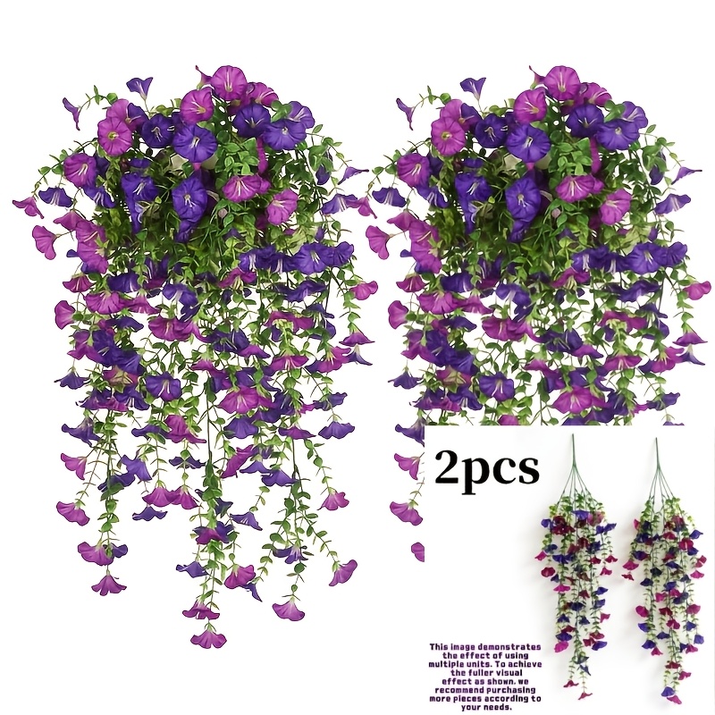 2 stk. kunstige hængende violer og eukalyptusblomster -  -bestandige, regntætte, levende orange blomster med grønne blade, indendørs/udendørs dekoration, egnet til bryllupper, verandaer, gårdspladser, haveudsmykning, realistiske plastikblomster til 100 forskellige scenestile