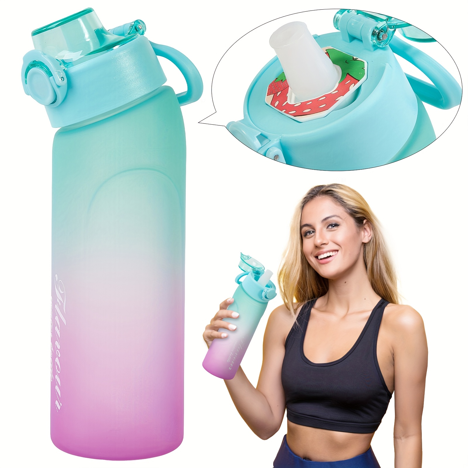 TEMU 720ml/25oz Luft-Wasserflasche mit 5 wiederbefüllbaren Geschmackskappen (Zitrone, Grapefruit, Beere, Ananas) – Auslaufsicheres Hydrationssystem