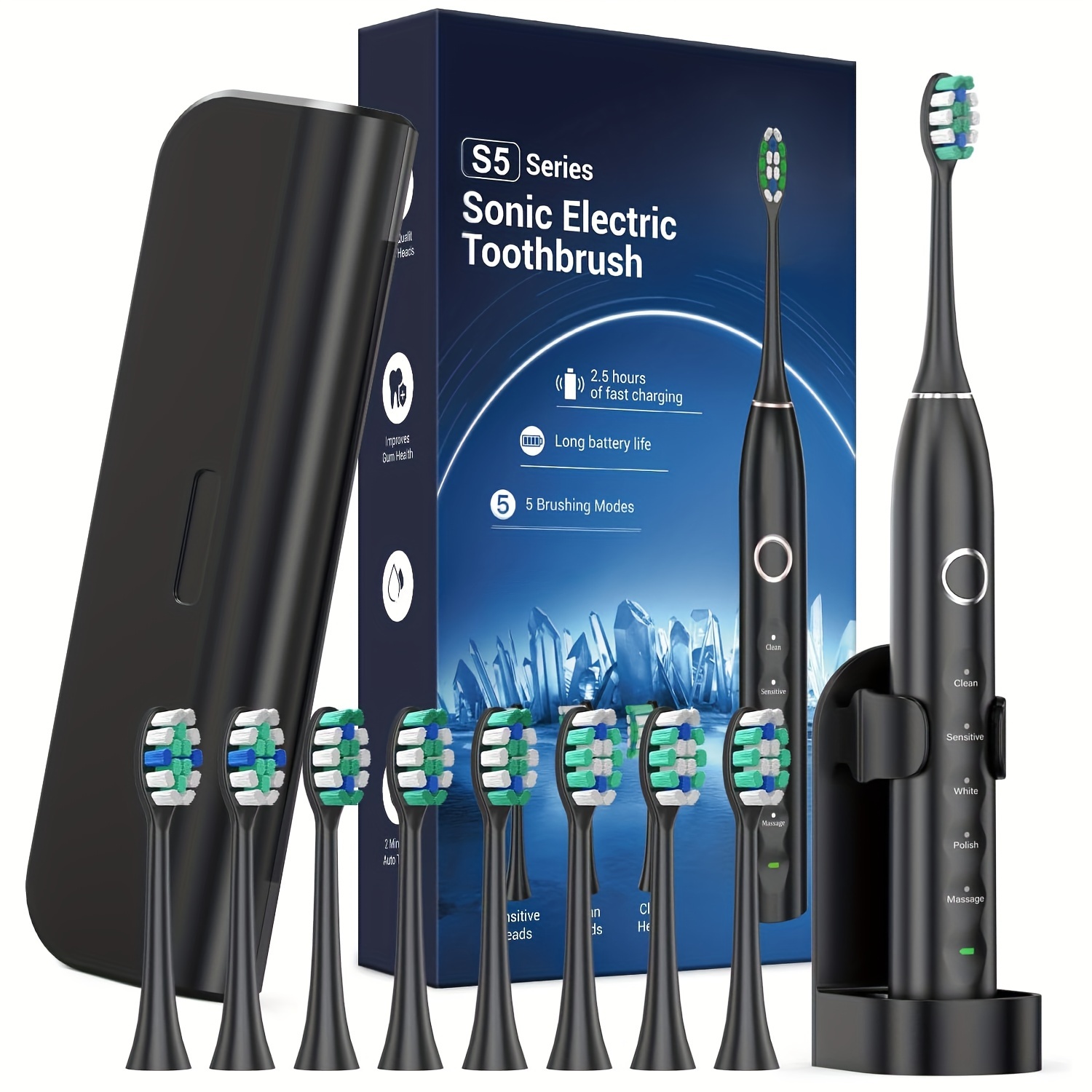 

Electric Toothbrush For Adults With 8 Replacement Brush Heads, Black, 2.5 Hour Rechargeable Battery Life, Father's Day Gift