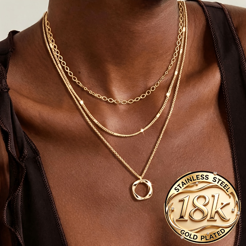 TEMU A Stainless Steel Three-layer Design Necklace - Stylish And Relaxed Round Pendant Design, Suitable For Parties, Vacations, And The Perfect