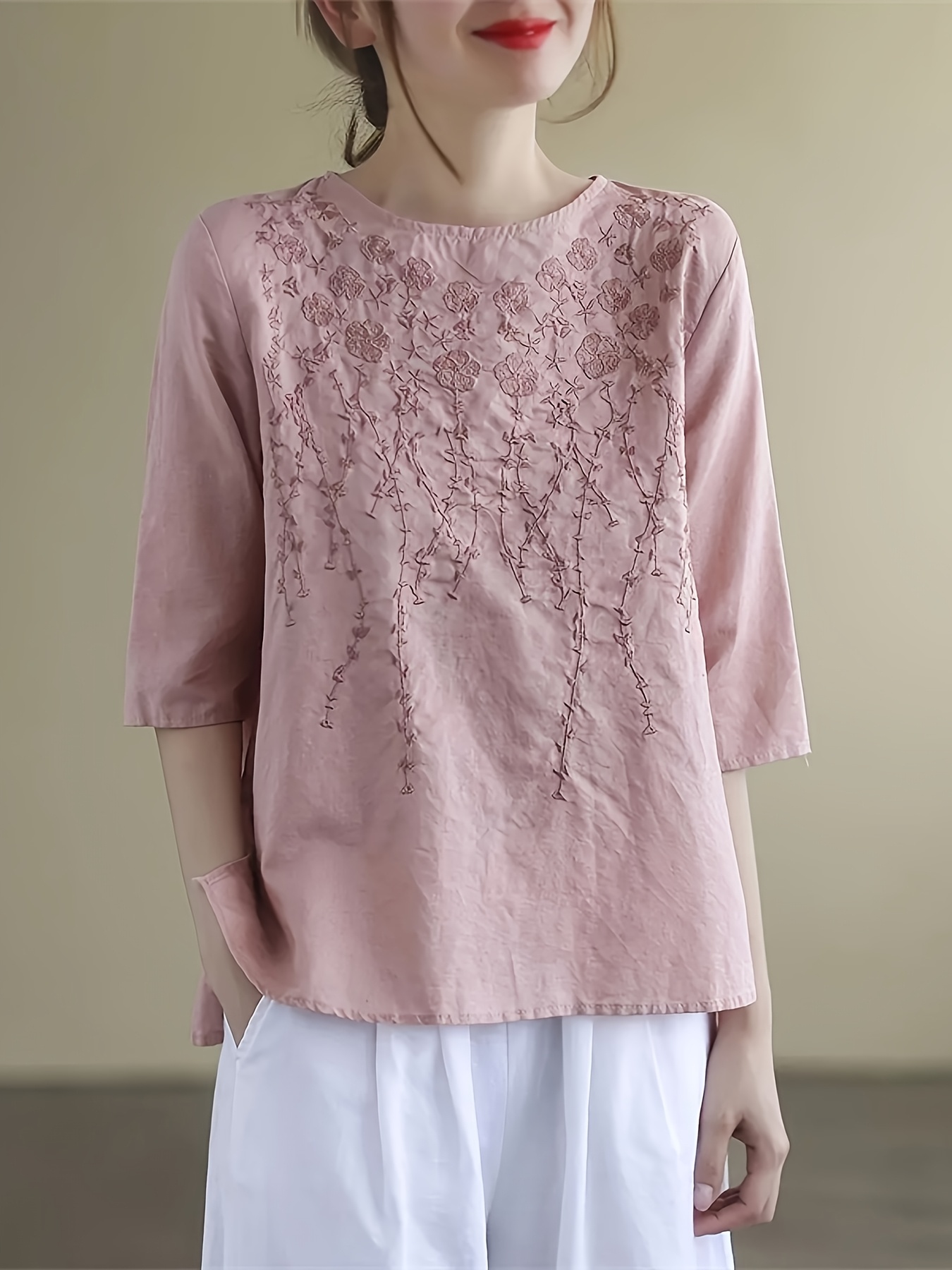 the 2026   artistic retro solid color half sleeved t shirt for womens heavy   embroidery loose round neck top has the advantages of     comfort coolness and sweat absorption