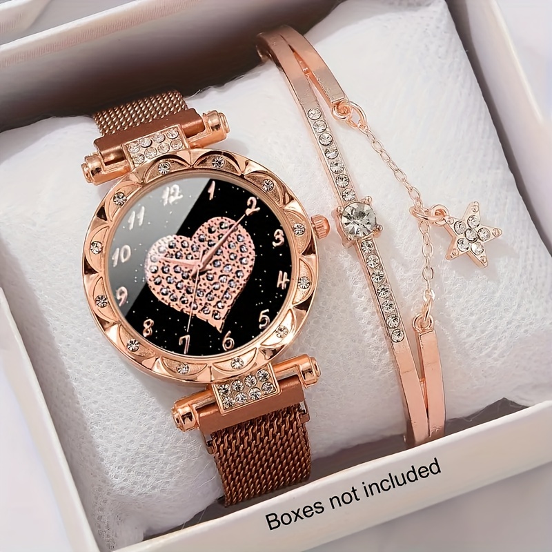 

2pcs/set Women's Luxury Rhinestone Star Quartz Watch Rose Golden Fashion Analog Wrist Watch & Star Bangle, Gift For Mom Her