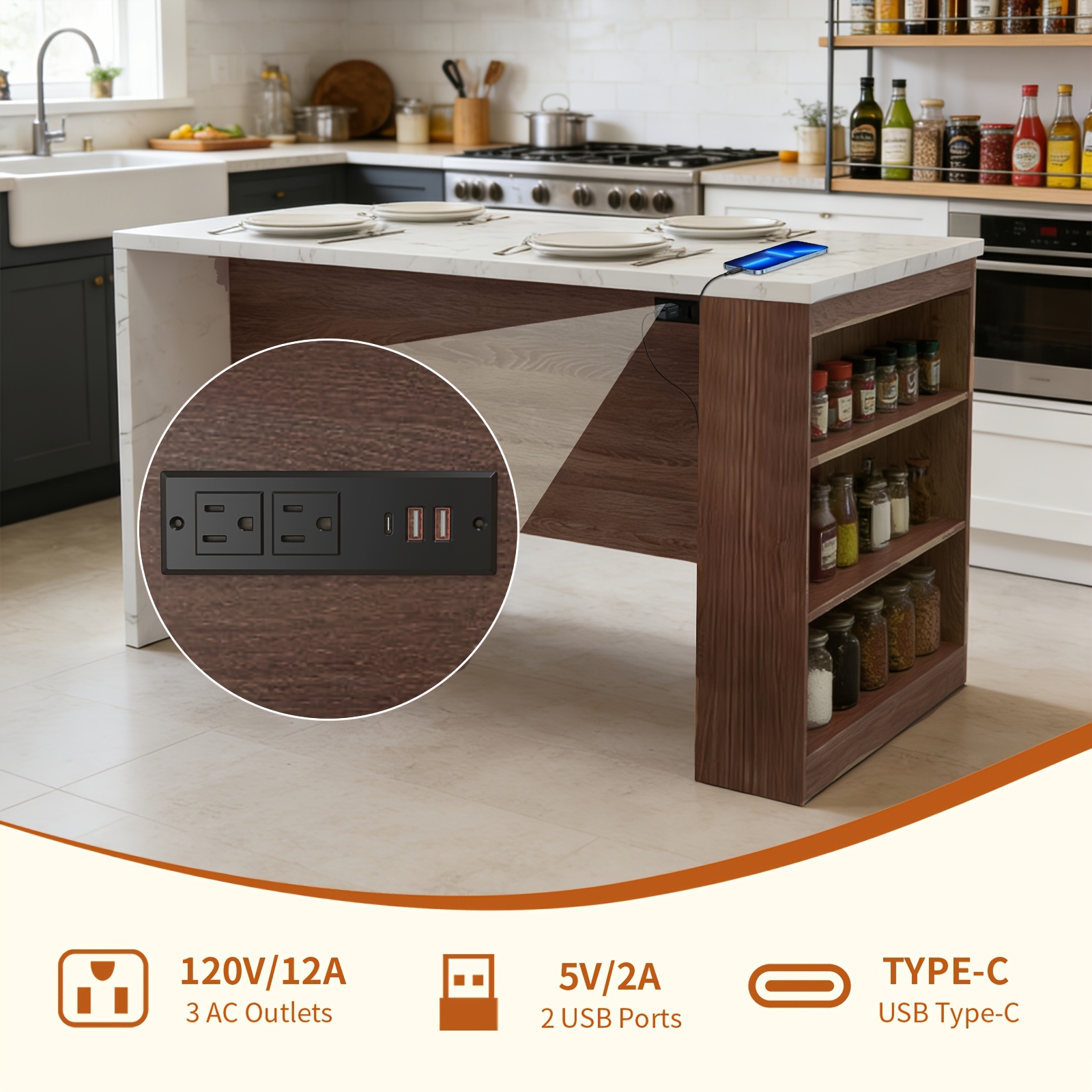 Large Modern Luxury Kitchen Island with LED Lighting & Storage