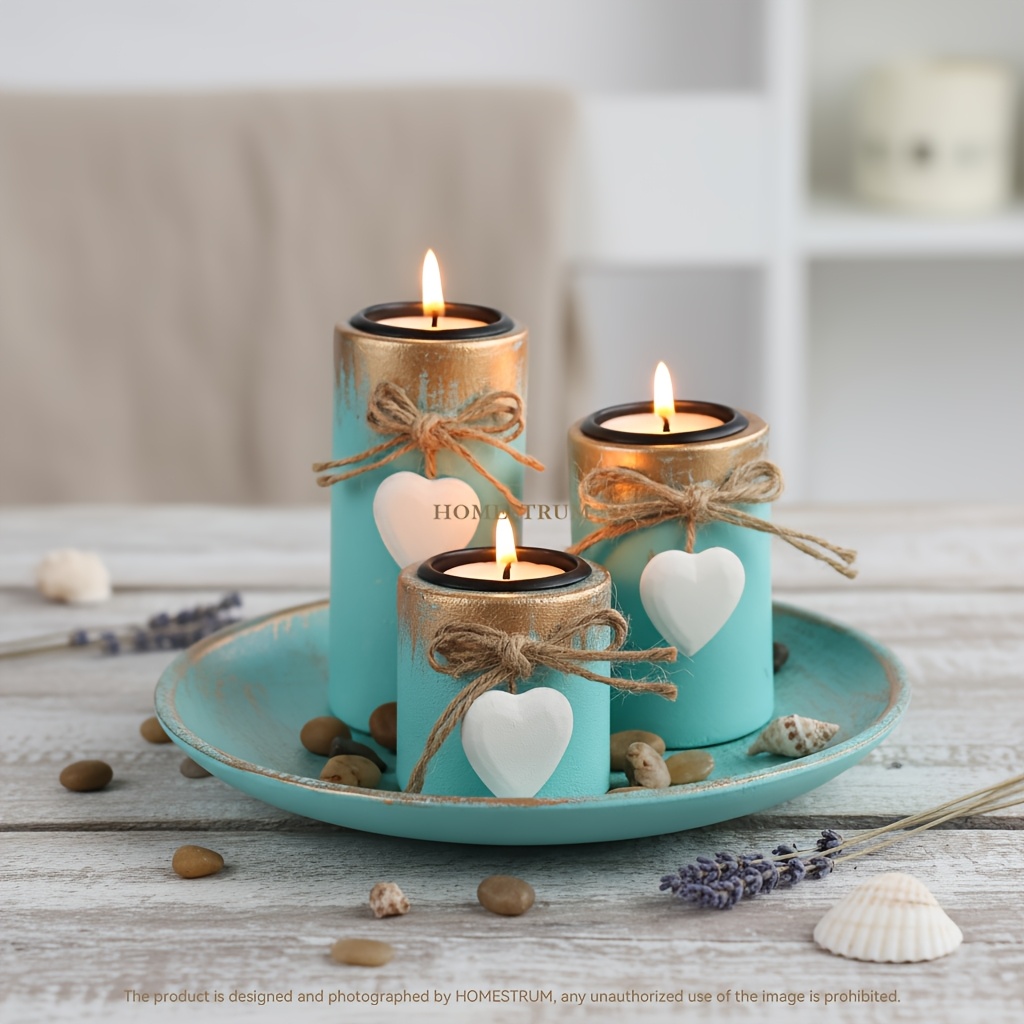 E-shop Holz-Teelicht-Halter, sanftes Türkis & goldene Folie, runde Holzplatte mit drei Teelichtern, Halter für Tischdekoration, Hochzeit, Jahrestag,