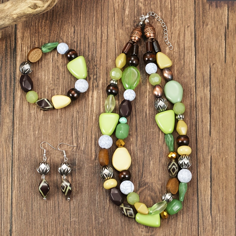 

3pcs Vintage Handmade Jewelry Set, Bohemian Style Acrylic & Wooden Beaded Statement Multi-layer Necklace Bracelet And Earrings Set, Perfect For Daily Wear And Party