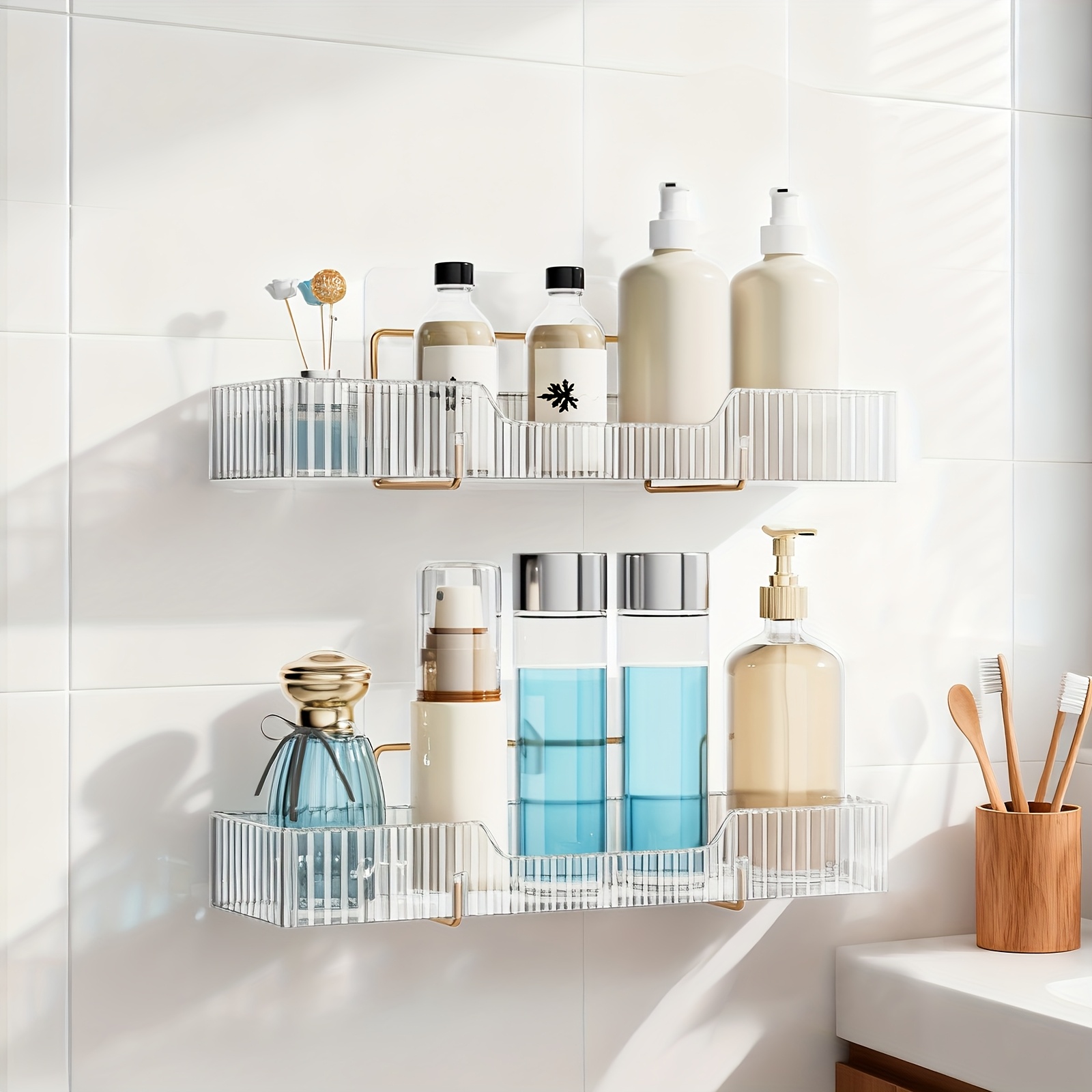Image of 2pcs Adhesive Shower Caddy, Wall Mounted Bathroom Organizer Shelves, Bracket Shelf, With Soap Holder, For Kitchen Countertop Storage