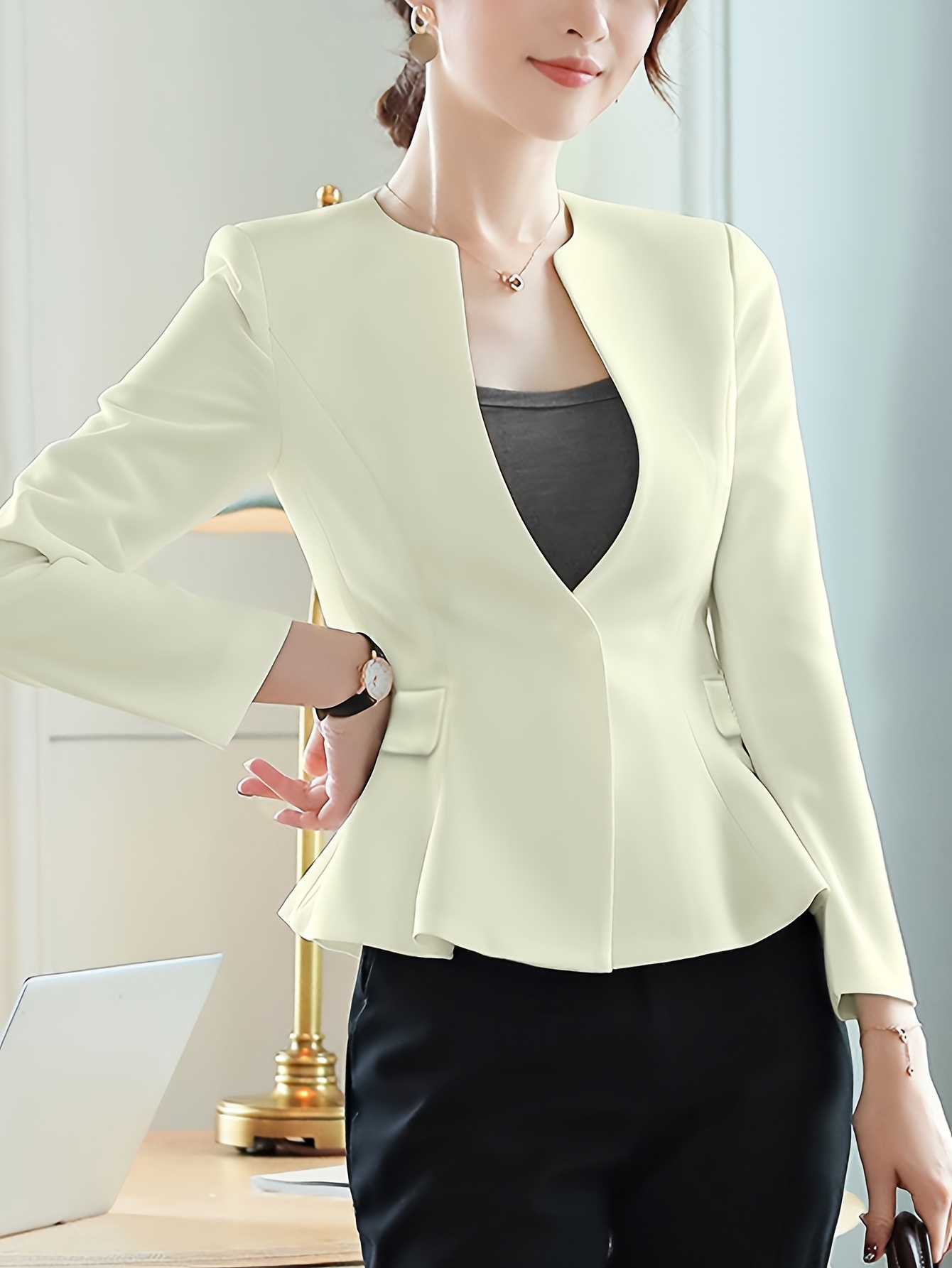 Solid Color Notched Neck Peplum Blazer Elegant Long Sleeve - Temu