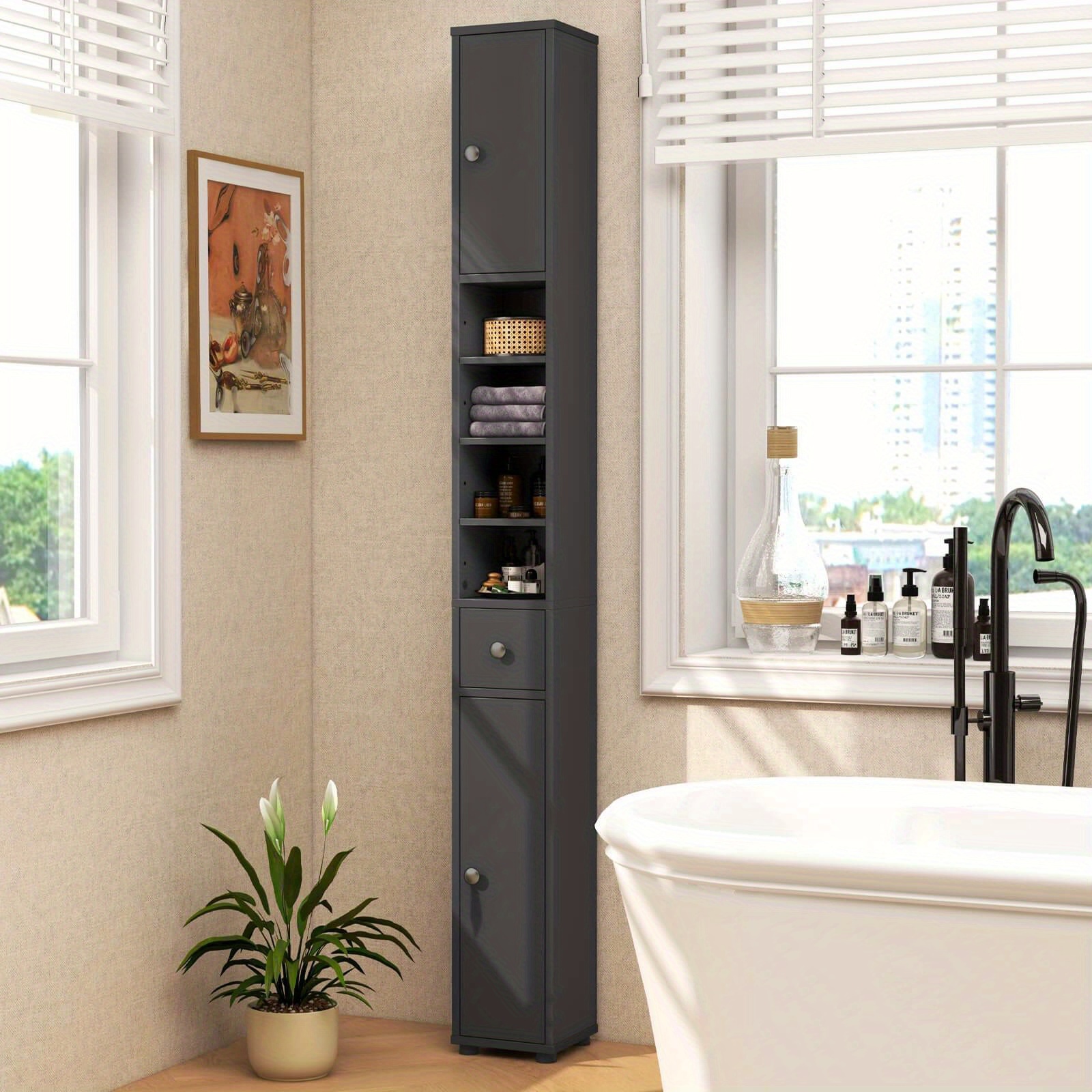 ultimate PETSITE Slim Bathroom Tall Cabinet, Freestanding Floor Storage Organizer with 2 Doors, 1 Drawer & 5 Adjustable Shelves, Narrow Linen Tower for Small Spaces, Wood Fiber Board Material, Bathroom Organizers And Storage 4 ultimate PETSITE Slim Bathroom Tall Cabinet, Freestanding Floor Storage Organizer with 2 Doors, 1 Drawer & 5 Adjustable Shelves, Narrow Linen Tower for Small Spaces, Wood Fiber Board Material, Bathroom Organizers And Storage - Image 4