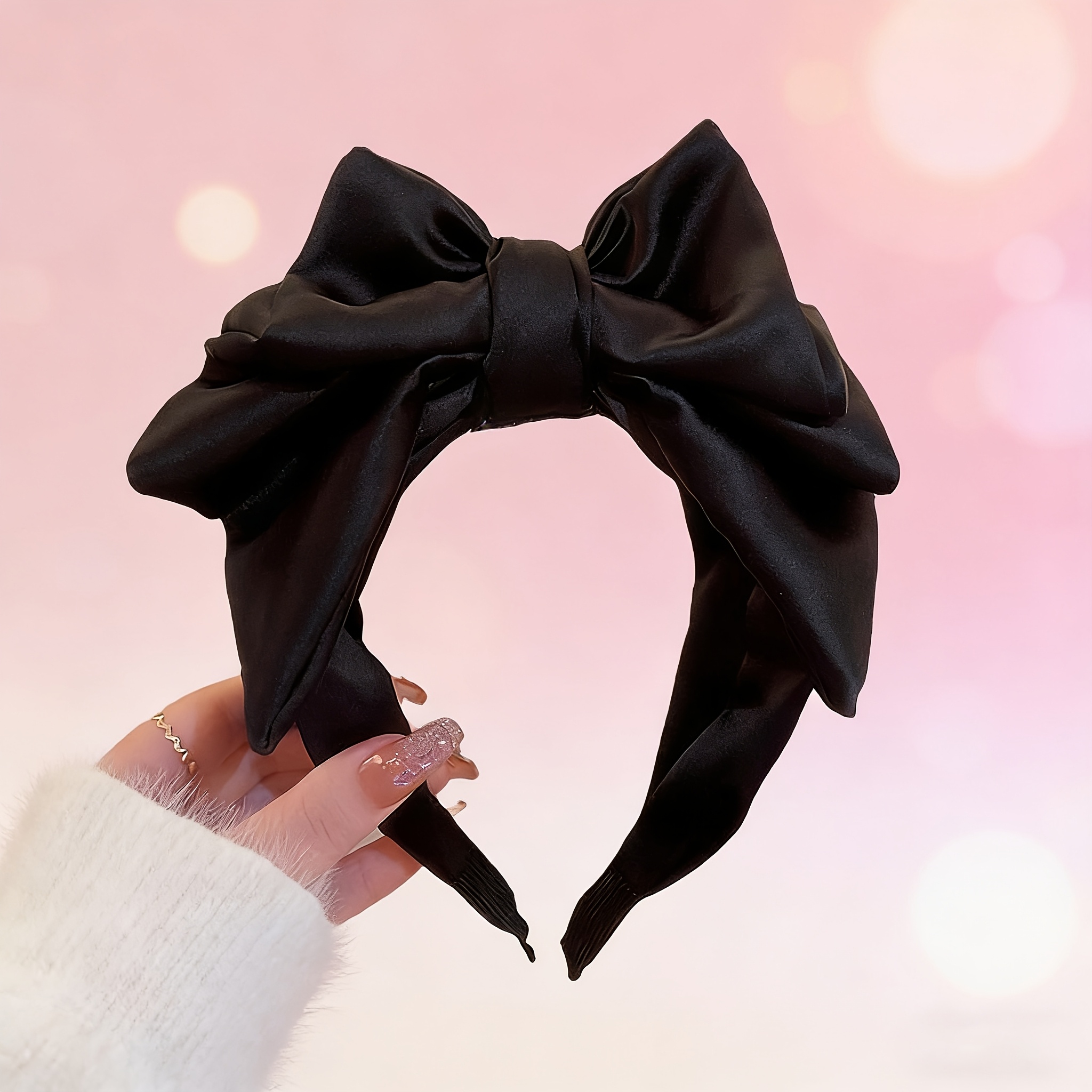 TEMU 1pc Sweet Satin Ribbon Bow Headband, Cute Hair Clip, Daily Hairstyle Accessory, Luxurious Black Headband, Elegant Party Hair Accessory, Clip,