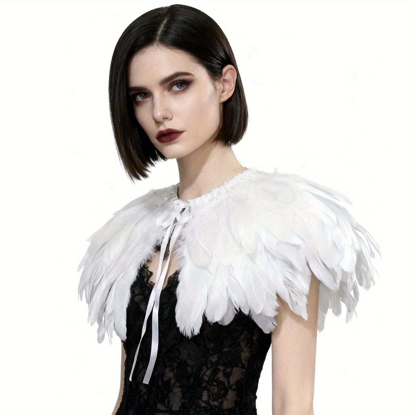 TEMU Mantello da Strega per Cosplay, Costume da Carnevale con Piume Artificiali, Scialle per Halloween, Maschera, Matrimonio e Sposa