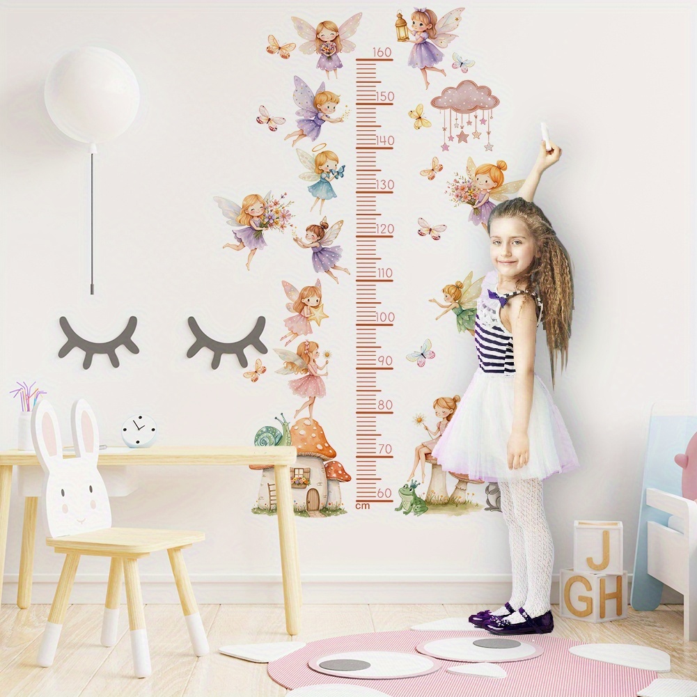 Image of Cartoon Pink Flower Fairy Mushroom House Girl Height Measurement Wall Sticker, Children's Room Bedroom Kindergarten Background Wall Decoration Height Chart