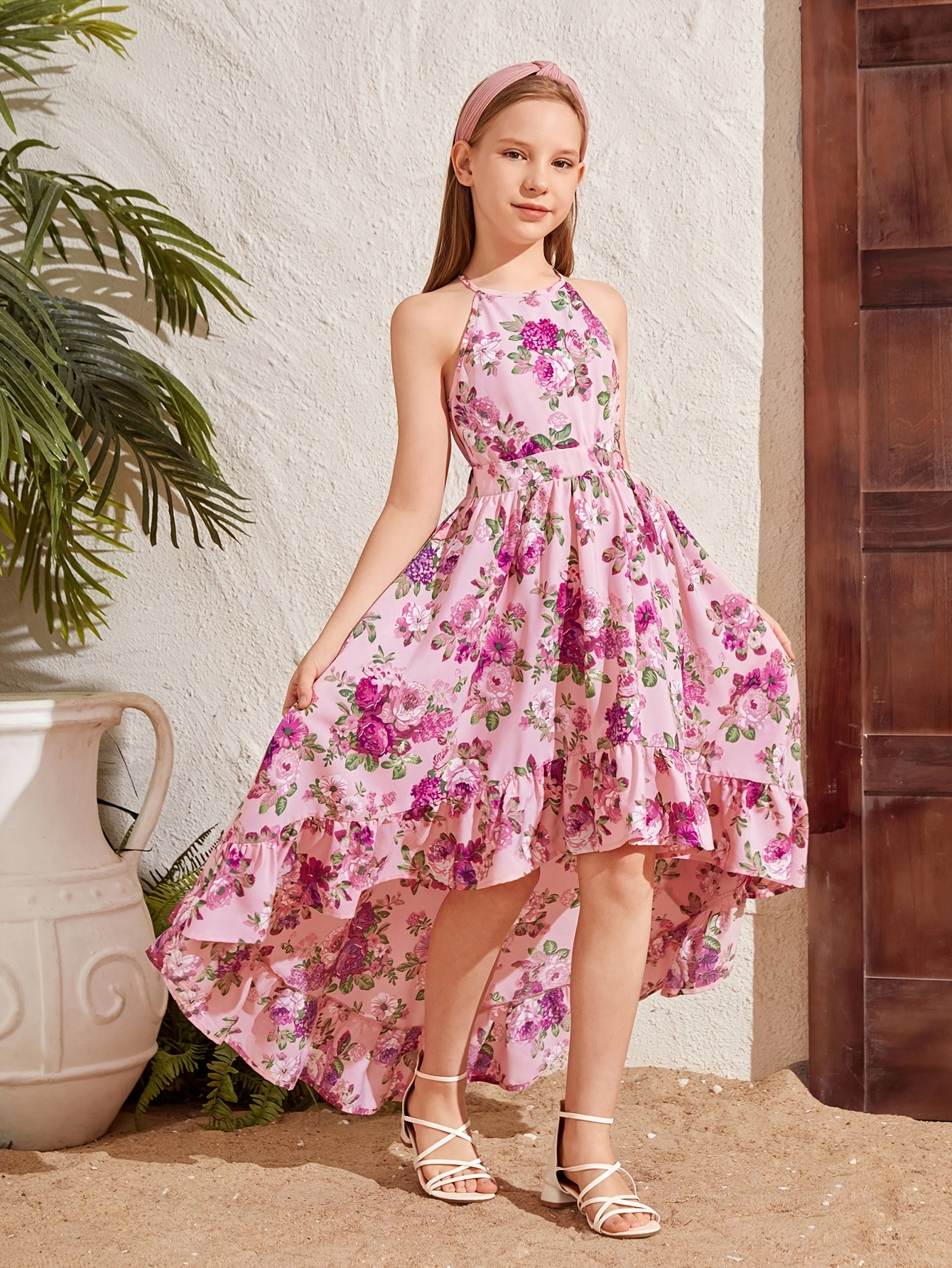 Elegant Floral Print Midi Dress for Teen Girls, Sleeveless Off-Shoulder  Polyester with Elastane, Summer Party Slip with Frill Detail, Mermaid Hem,  Con