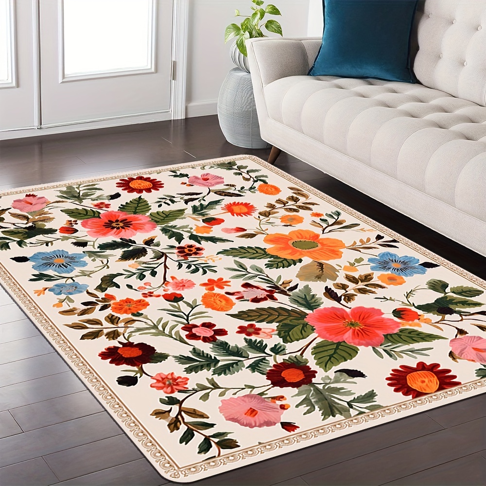 

Vintage Floral Pattern Fleece Rug: Non-slip, Machine Washable, Suitable For Entryways, Kitchens, Living Rooms, And Bedrooms - Available In 3 Sizes