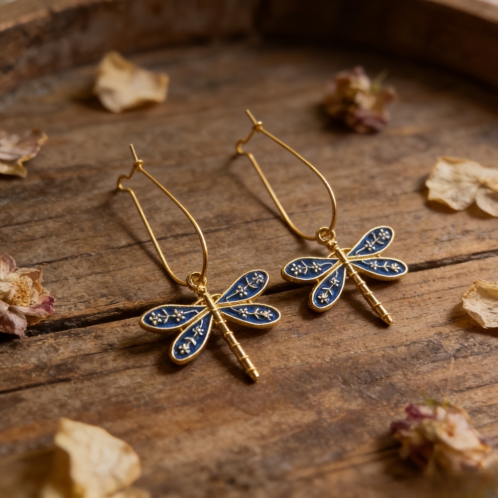 TEMU 1 Pair Of Blue Dragonfly Graffiti Earrings - Suitable For Women , An For Parties, Valentine's Day, And Christmas Gifts