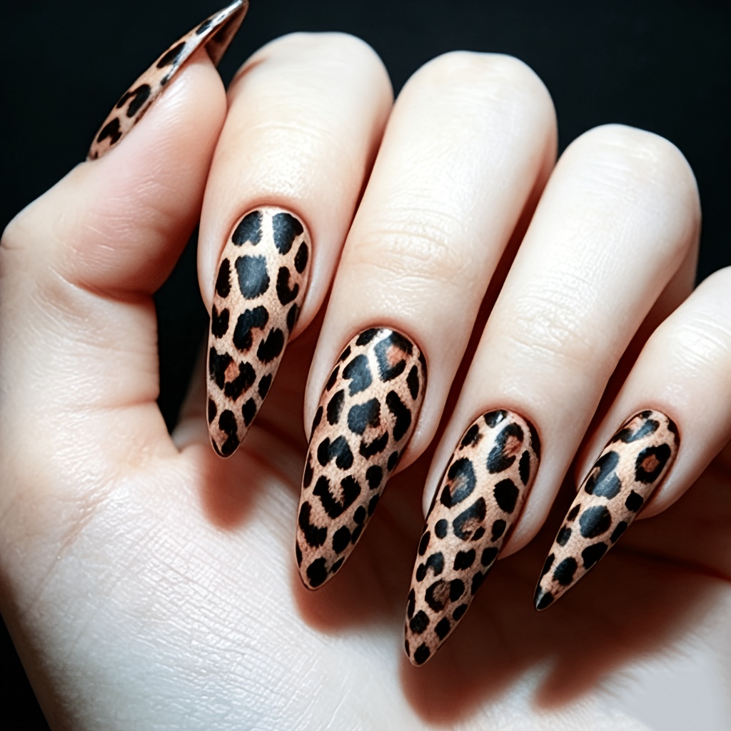 TEMU 24pz Unghie Finte a Stampa Leopardata a Pressione per Donna, Punta Lunga a Punta Y2K per Nail Art , Estensioni Unghie a Punta Leopardata per