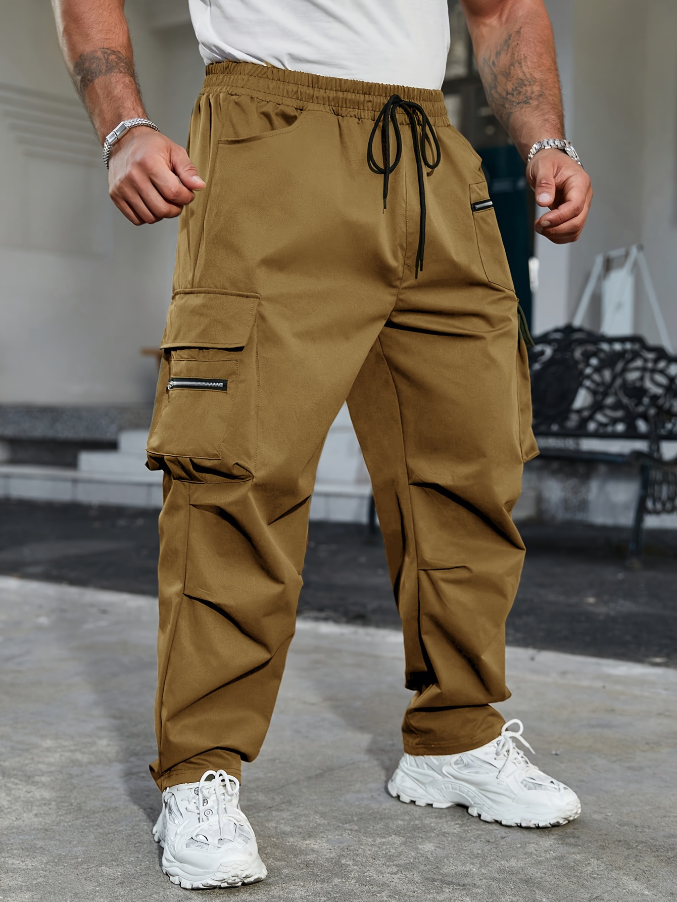 Erkek Plus Beden Kargo Pantolon Spor Kça Stili %100 Polyester Katı Renk Her Mevsim Normal Fit Dokuma Kargo Pantolonlar