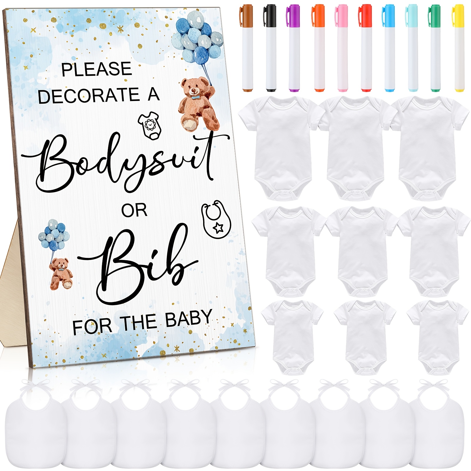 

35pcs Party Kit: Wooden Signs, Blank Bibs & Markers - Showers & Birthdays