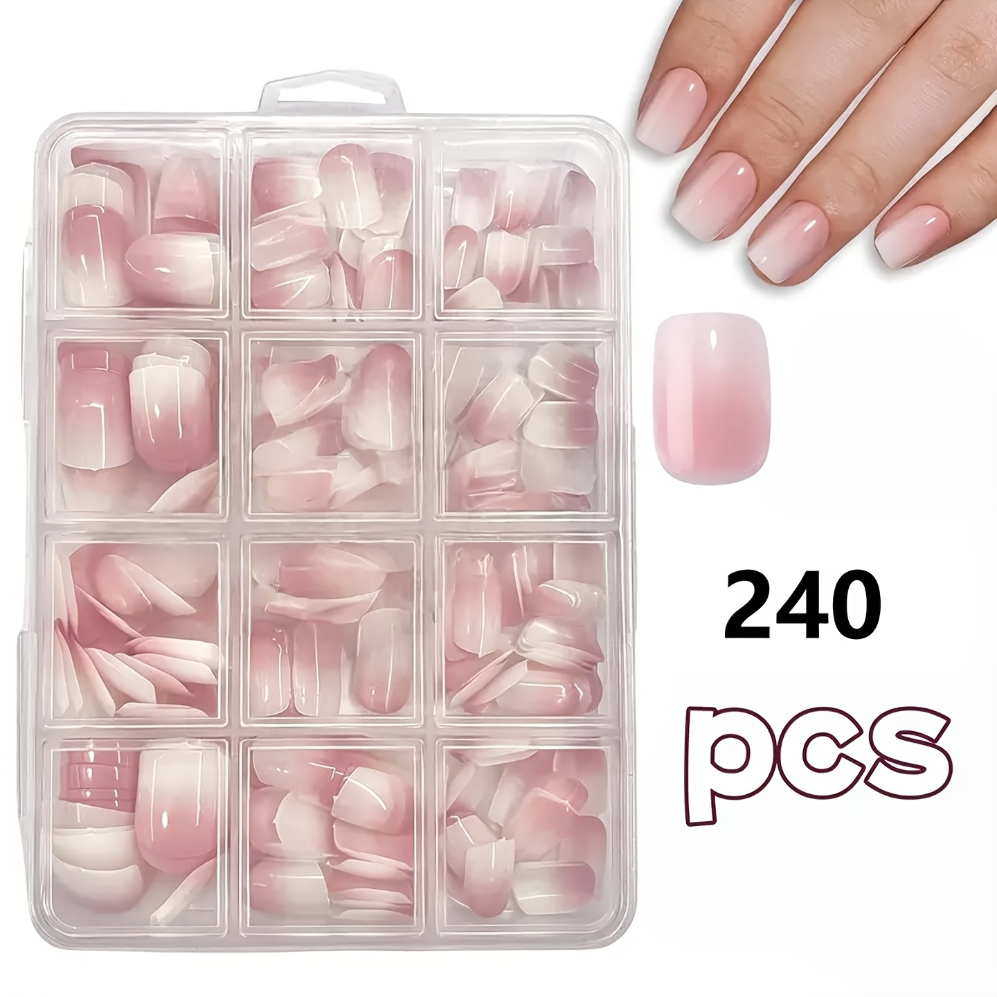 TEMU 240pcs Box Women's Short Square Press-on Nails Suitable For Party Wear, Apricot White Ombre & Light Pink Nail Bed With 12 Sizes, Diy Pre-made