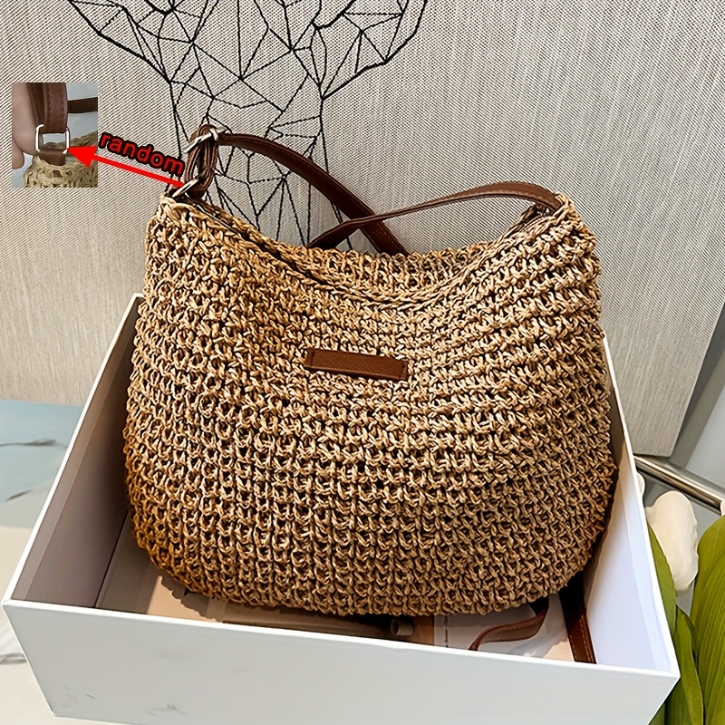 Image of New Women's Fashionable Solid Color Straw Woven Handmade Minimalist Shoulder Bag Casual Versatile Crossbody Bag Bag Style Travel Beach Bag, Suitable For Work Handbag, For [adjustable Style Random]