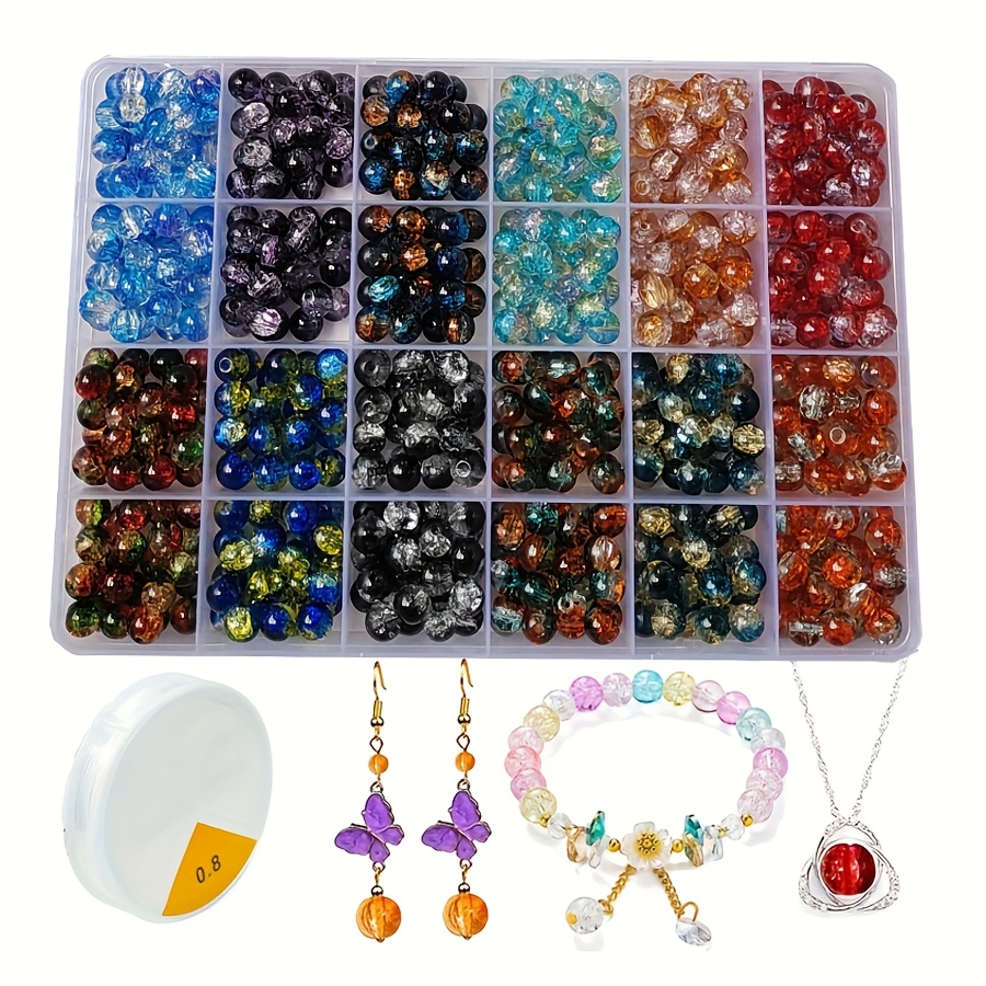 

600pcs Vibrant Glass Bead Jewelry Making Kit With Crystal Cord - 12 Assorted Colors, 8mm & Ice Crackle Beads For Diy Crafts, , Necklaces, Earrings - Includes Storage Box, Jewelry Making Supplies