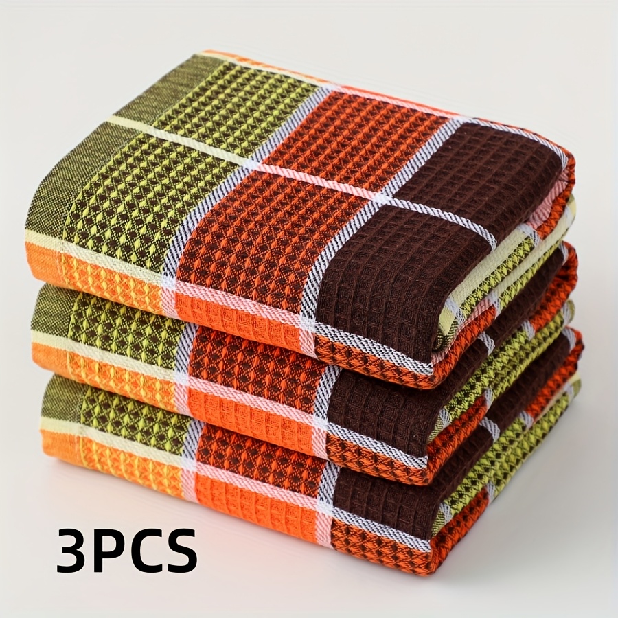 Image of A Set Of 3 Kitchen Towels Measuring 38cm By 64cm, Featuring A Cotton Colorful Waffle Design, Ideal For Dishwashing And Household Cleaning As Reusable Cleaning Cloths
