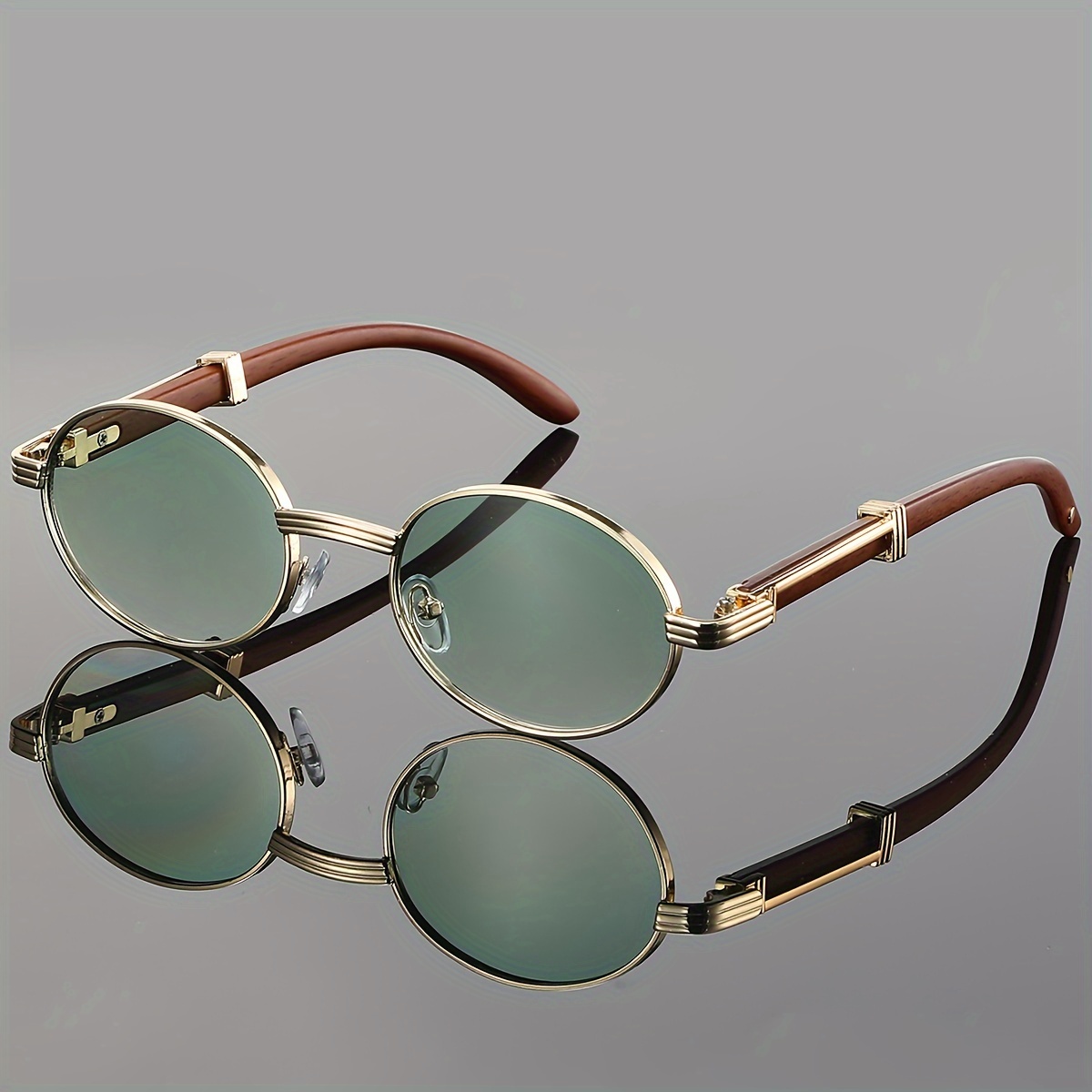 

Retro Round Glasses For Men And Women - Metal Frame With Wooden Temples, Ideal For Travel And Photography, Stylish, Fashion Glasses