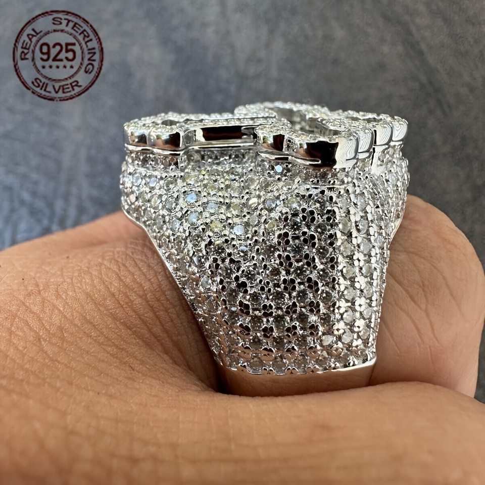 Luxury 925 Sterling Silvery Iced Real Baguette Cross Shaped Ring For Men Fashion HipHop Gothic White Gold Plated Jewelry