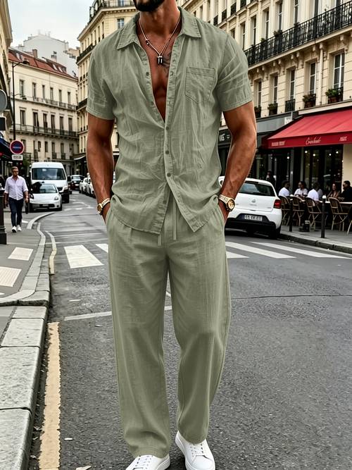 summer mens linen shirt and pants set casual short sleeve shirt with chest breathable woven linen fabric suitable for daily outdoor sports beachwear hiking evening wear and style
