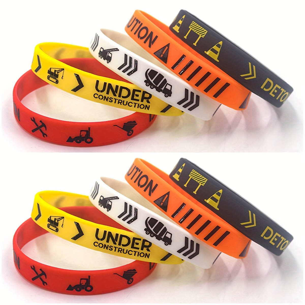 E-shop 5/10 Stück Silikonarmband mit Baustellen-Motiv – Sicherheitswarnung Armband mit Bulldozer, Kran und LKW Design, geeignet für Partygeschenke und