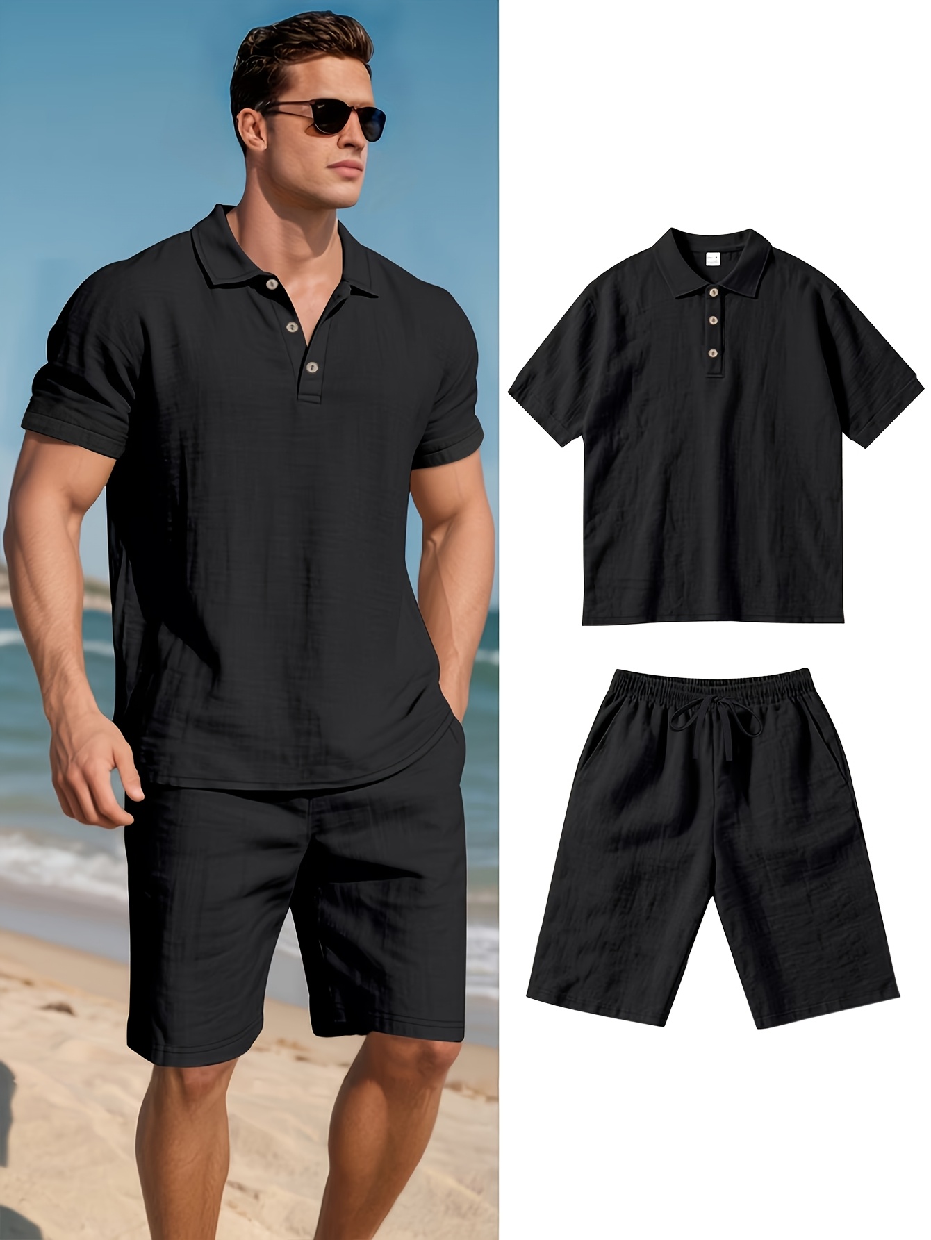 Ensemble Polo & Short en Lin Homme Ensemble de pantalons en lin pour homme, coupe ajustée, à séchage rapide et évacuant l