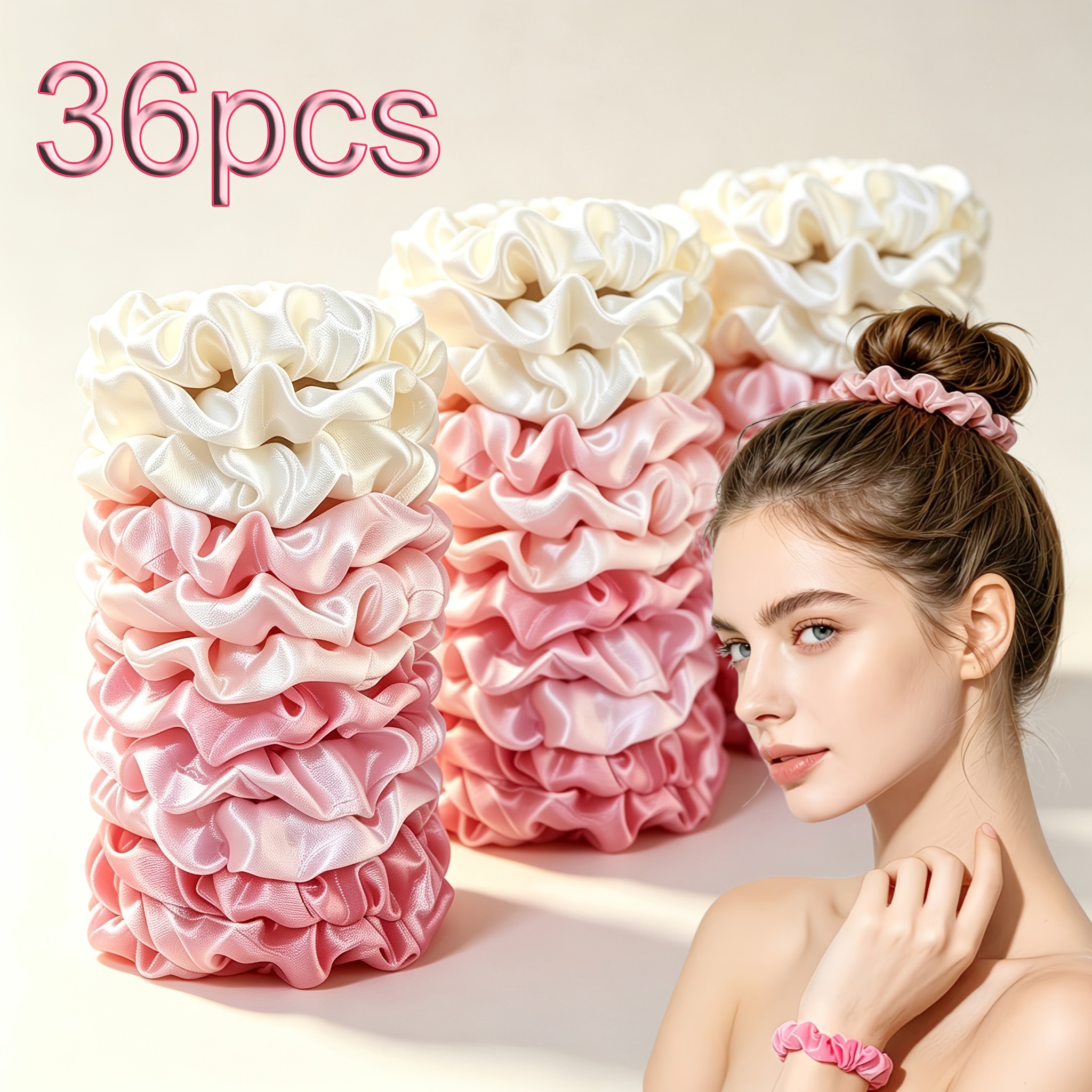 TEMU 36pcs Pink Series, Aesthetic And , Suitable For Any Hairstyle, Satin Pleated Small Hair Ties, High Elasticity, Hair-friendly, Accessories For