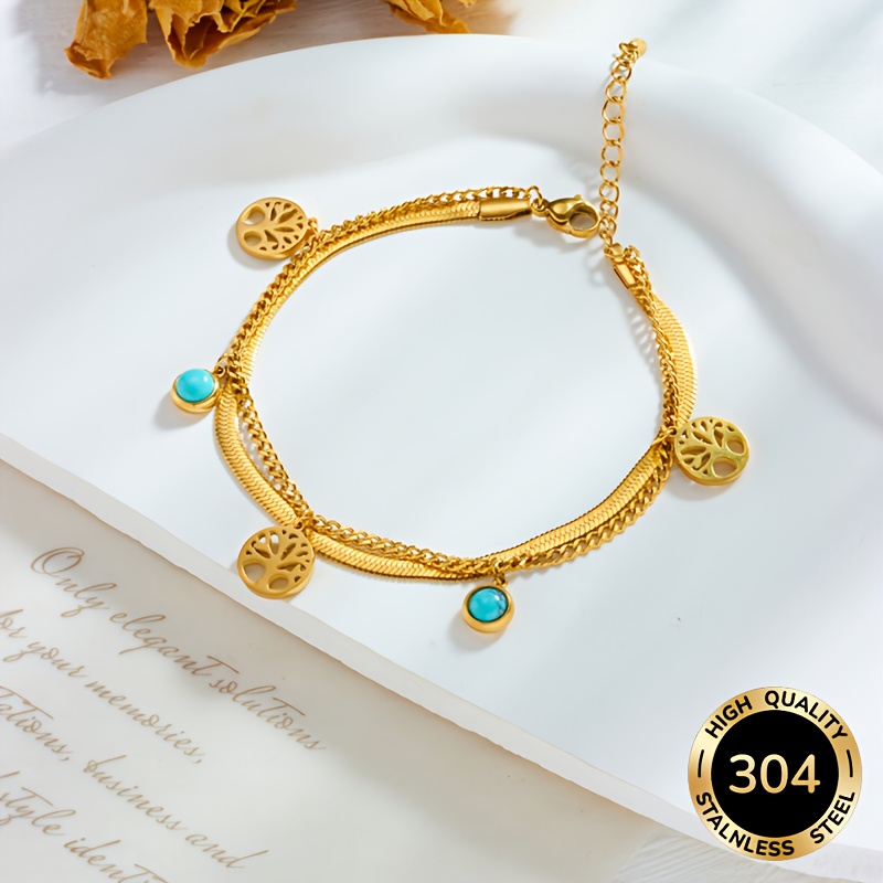 E-shop Modische, elegante exquisite doppellagige Fußkette aus goldenem Edelstahl mit Lebensbaum-Dekor, geeignet für Damen, leichter Luxus, , schlicht,