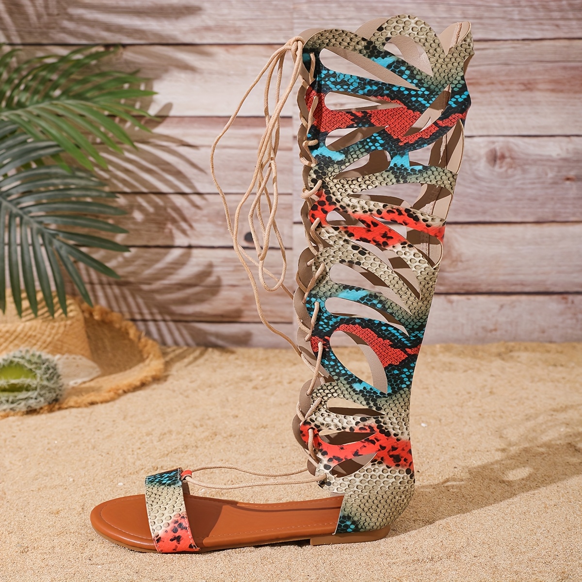 new women's round toe flat boots snake print front lace Temu Canada