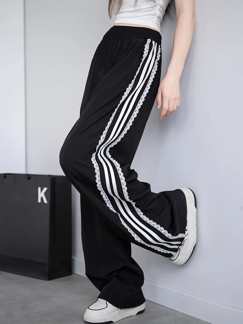 womens high waist striped joggers lace trim elastic waist Temu