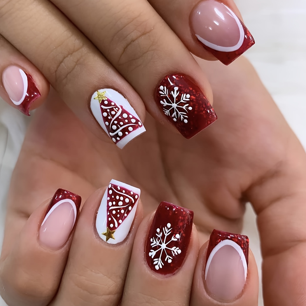 

24pcs Sparkling Christmas Press-on Nails - Medium Square, French Tip With Snowflake & , Glossy Finish For Women And Girls