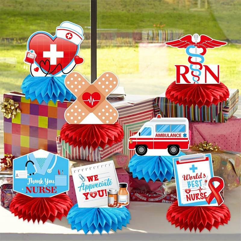 9 Pcs Nurse Graduation Honeycomb Centerpieces – Red & Blue Table Decor For Nursing Party, Graduation, Retirement