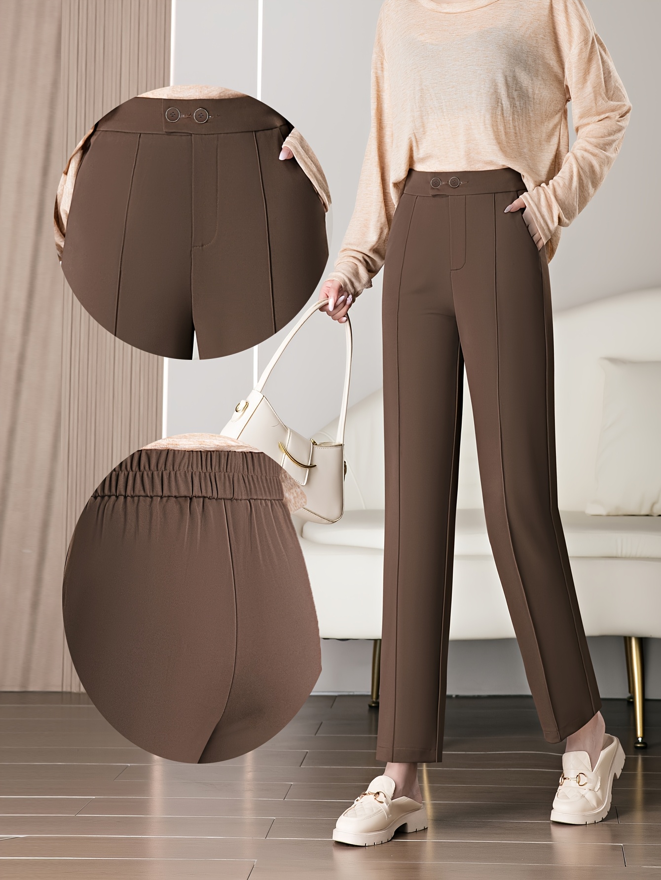 womens high waisted stretch trousers elegant wide leg work Temu