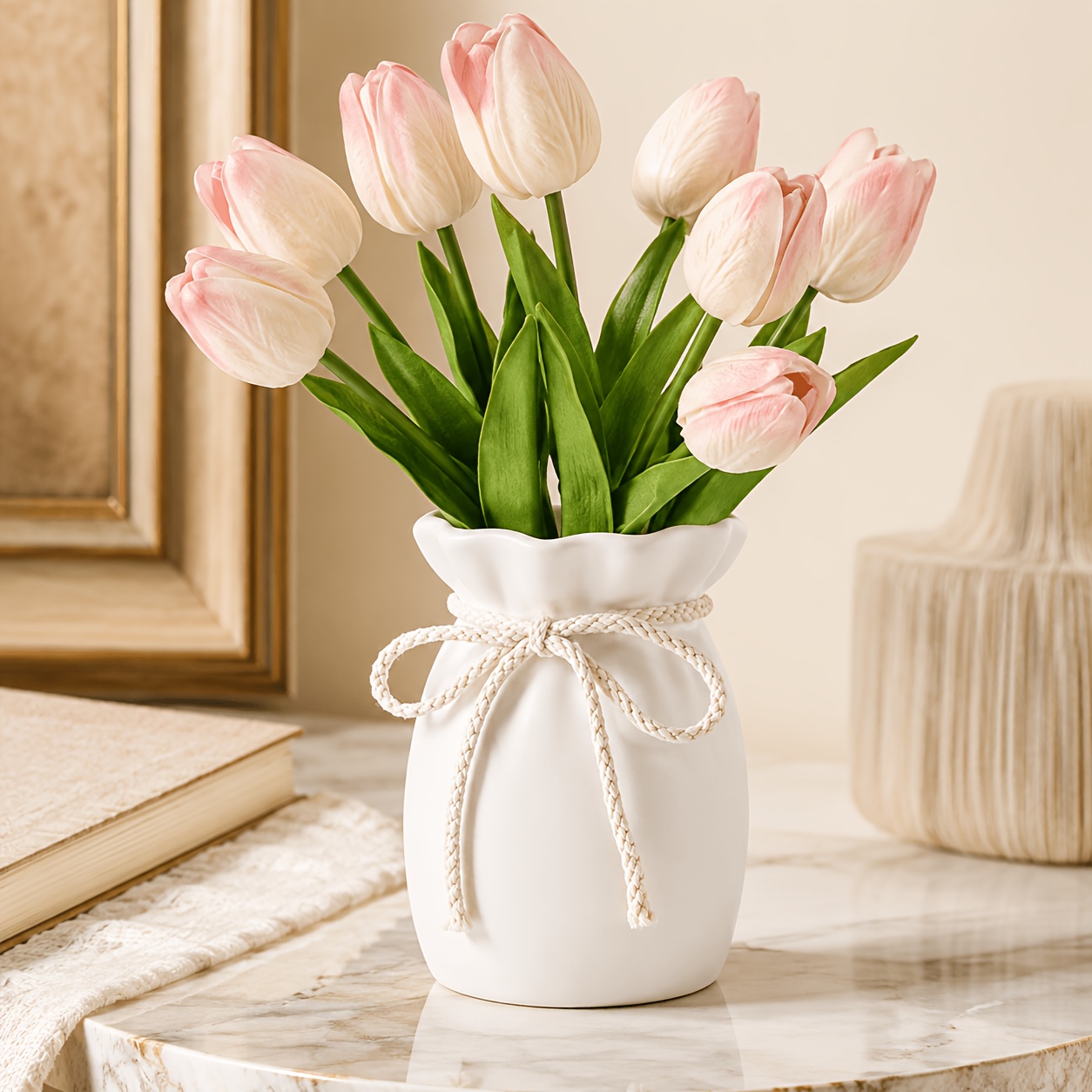 TEMU 1pc Decor Ornament, White Plastic Vase Creative Mouth-bound Rope Flower Holder, Living Room Dining Table Entrance Table Centerpiece Vase, Dried