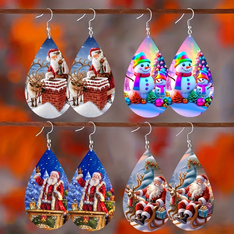 

4 Pairs Of New Fashionable Christmas Wooden Water Droplet Shaped Colorful Double-sided Printed Pendant Earrings With Different Patterns, Personalized, Cute And Versatile Jewelry Holiday Gifts