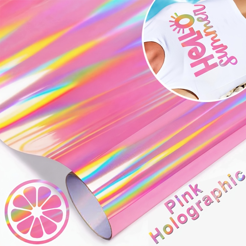 Image of Pink Holographic Heat Transfer Vinyl 9.8" X25.5"pink Vinyl Roll Metallic Rainbow Iron On Vinyl Easy To Cut & Weed Heat Press Design For T-shirts