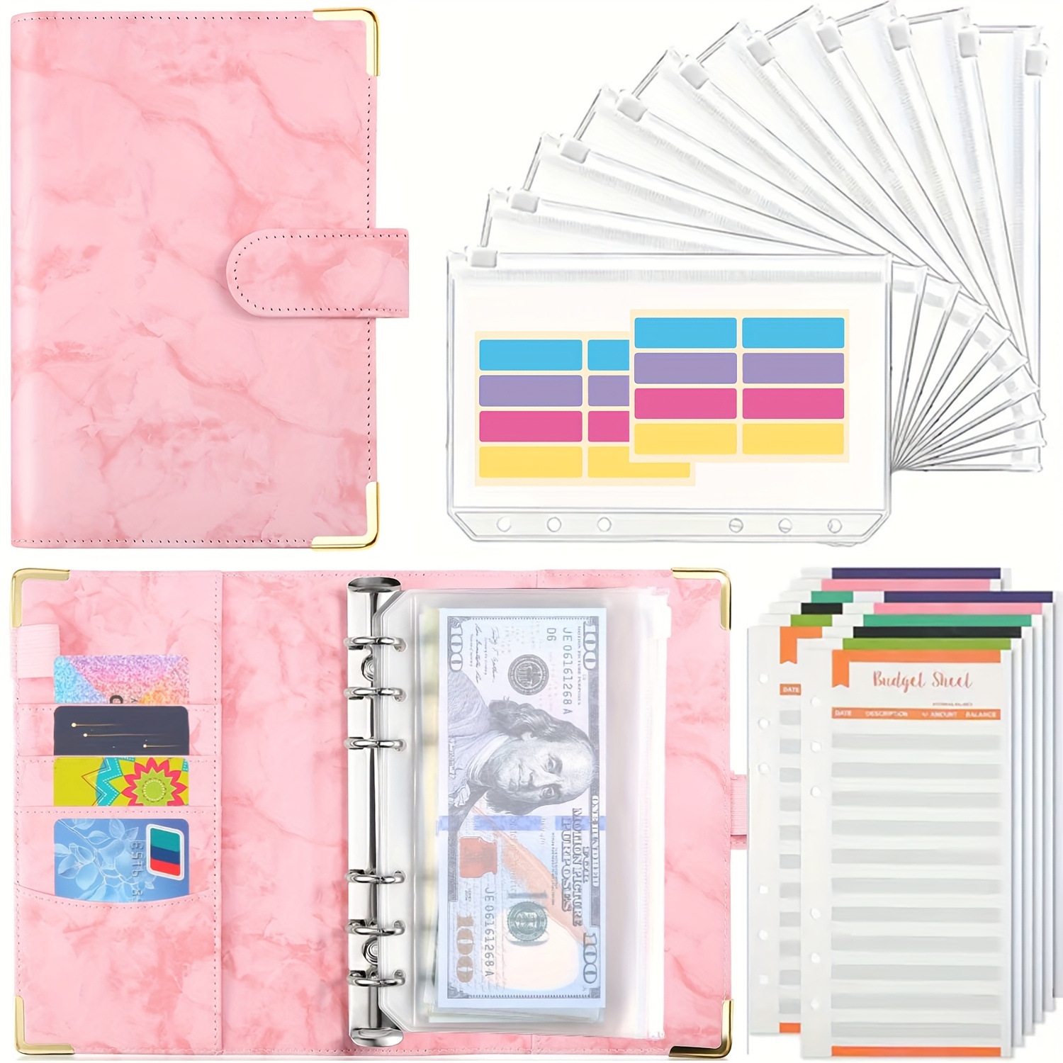 TEMU A6 Budget Binder, Cash Envelopes For Budgeting, Money Organizer For Cash, 23pcs Budget Binder With Cash Envelopes, Marble 6ring Saving Binder