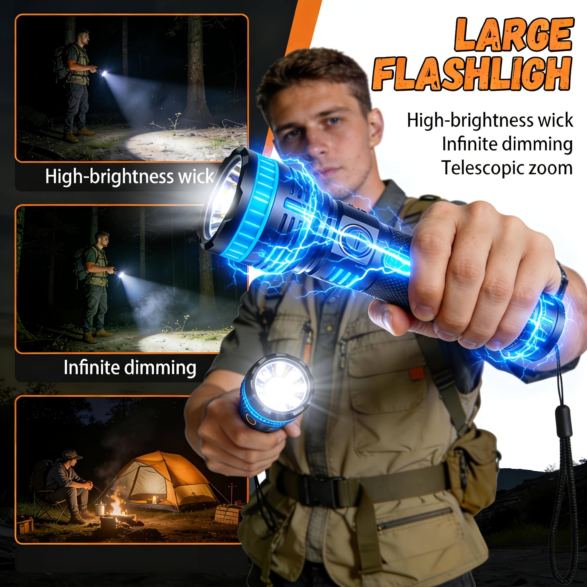 TEMU Usb-c Rechargeable 1500 Flashlight With Beam & 6 Light , Usb-powered Cob Side Light Suitable For Emergency, Camping, Outdoor Torch, Usb-c For Handheld Light For, Power Outages,, And