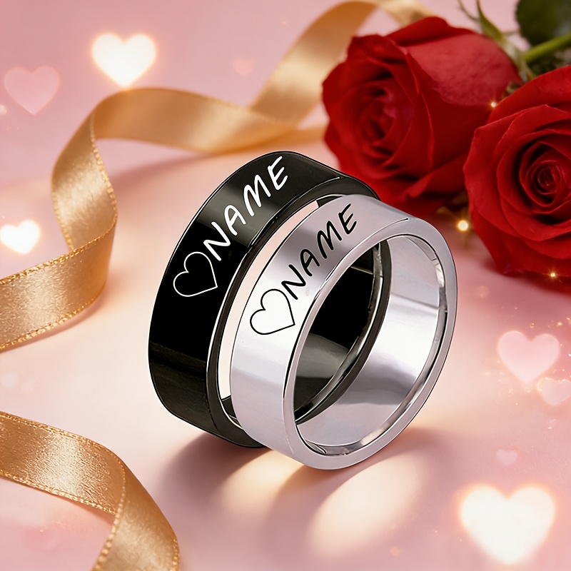TEMU 2pcs Custom Valentine's Day Couple Rings, Engravable With Boyfriend And Girlfriend Names And Love Anniversary, Personalized Valentine's Jewelry,